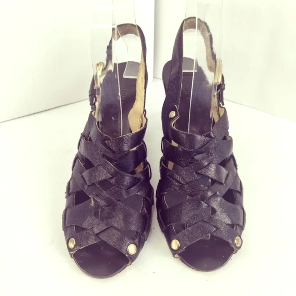 Michael Kors Strappy Slingback Peep Toe Heels Black Leather Sz 6.5